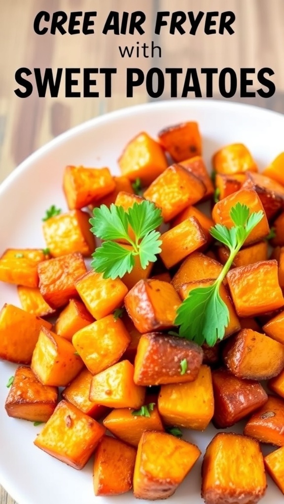 Crispy air fryer sweet potatoes garnished with parsley on a rustic wooden table.